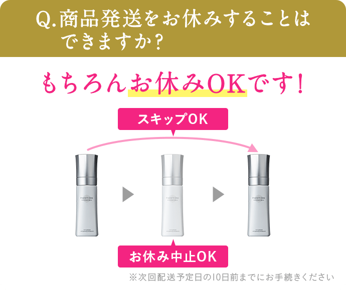 Q.商品発送をお休みすることはできますか？もちろんお休みOKです!※次回配送予定日の10日前までにお手続きください